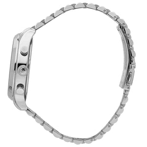 Detailed side view of the silver-tone crown and chronograph buttons on the R8873618033