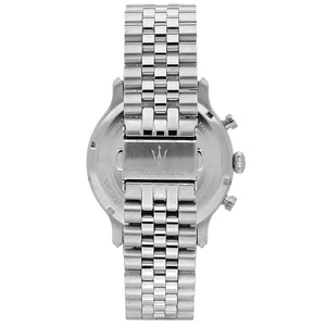 Silver stainless steel deployment clasp with Maserati logo on the jubilee bracelet