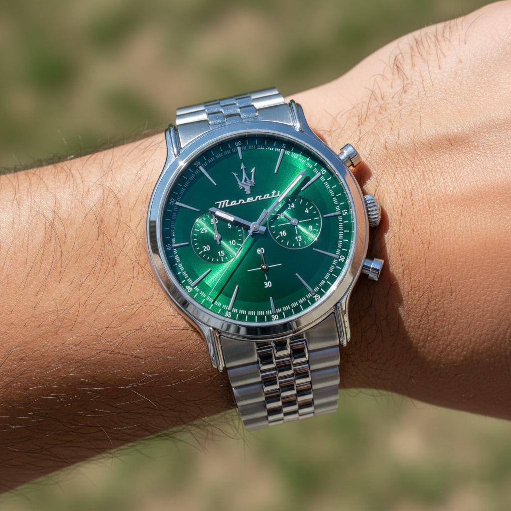 Close up shot of Maserati Epoca R8873618033 on wrist showing the green sunray dial and chronograph details