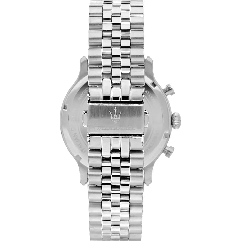 Back view of the Maserati R8873618034 watch showing the stainless steel caseback and specs