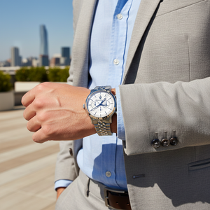 Man wearing Maserati Epoca silver watch for a premium Italian luxury and executive business look