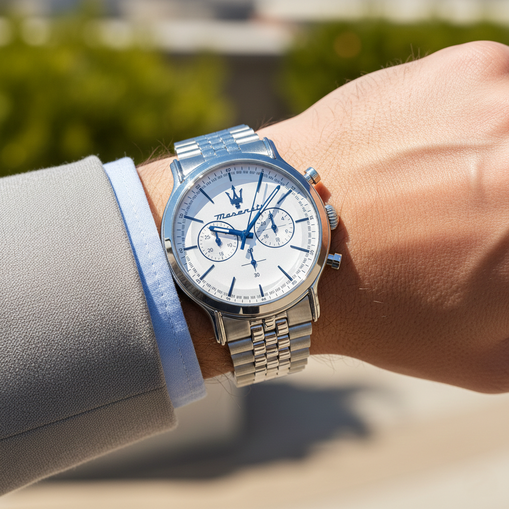 Close up shot of Maserati Epoca R8873618034 on wrist showing the white dial and blue chronograph details