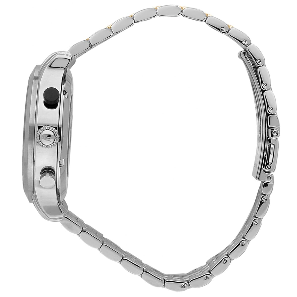 Detailed side view of the gold-tone crown and pushers on the Maserati R8873638003