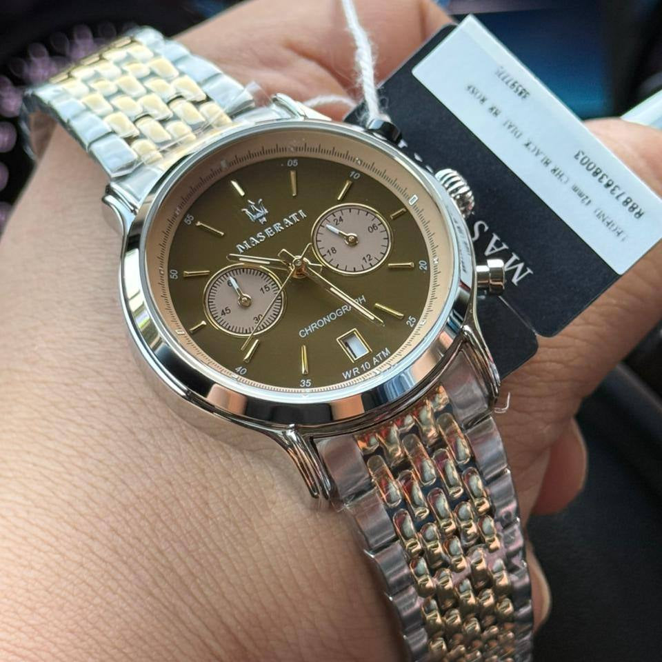 Authentic real-life photo of the Maserati Legend R8873638003 watch showing actual bronze dial shine