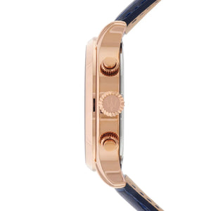 Detailed view of rose gold-tone crown and pushers on Maserati Epoca R8871618007 men's quartz battery watch with blue dial