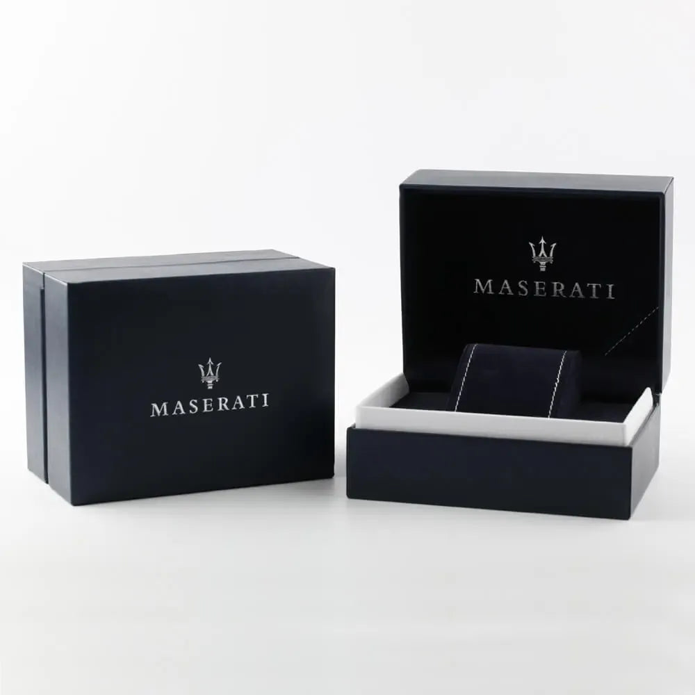 Original Maserati watch premium packaging box and warranty documentation