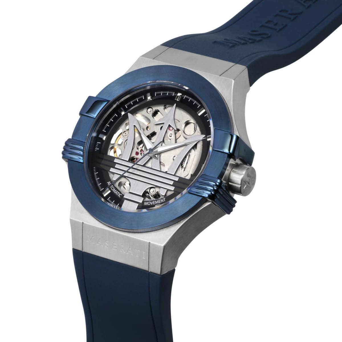Angled view of the Maserati R8821108035 highlighting the silver case screws and blue fixed bezel