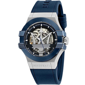 Maserati Potenza R8821108035 automatic men's watch with skeleton dial and blue silicone strap