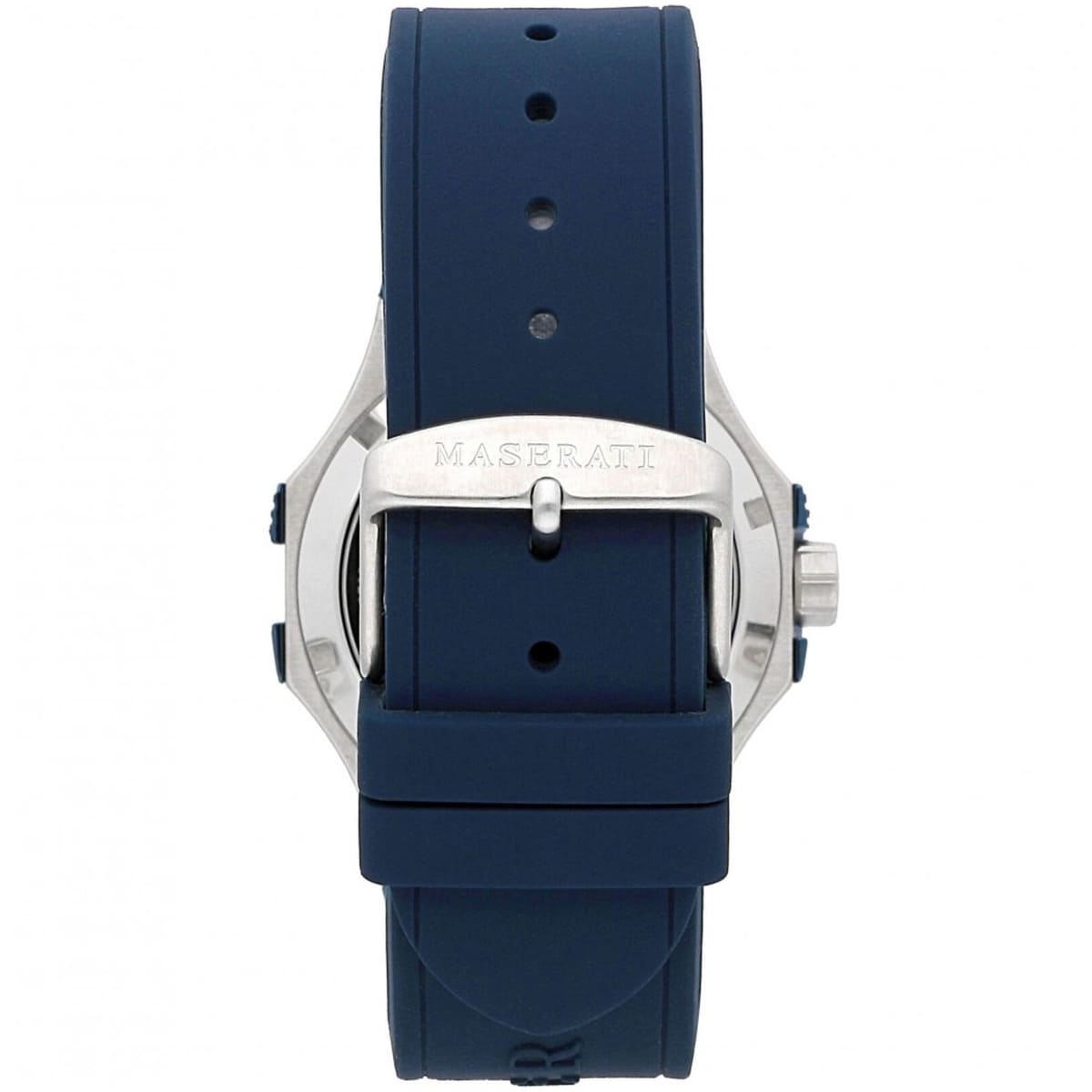 Silver stainless steel buckle clasp with Maserati logo on the blue silicone strap of the R8821108035