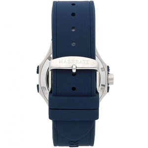 Silver stainless steel buckle clasp with Maserati logo on the blue silicone strap of the R8821108035