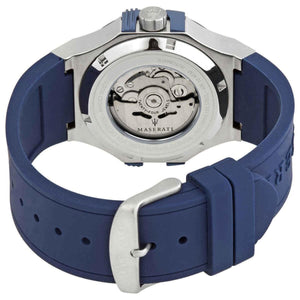 Transparent caseback view of the Maserati R8821108035 showing the automatic movement rotor