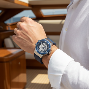 Male model wearing Maserati Potenza R8821108035 automatic watch with a smart casual outfit