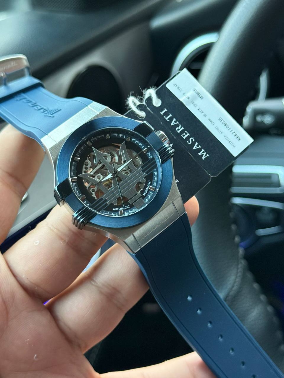 Authentic real-life photo of the Maserati Potenza R8821108035 watch showing actual skeleton dial and blue details