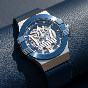 Close up shot of Maserati Potenza R8821108035 watch on wrist showing the intricate skeleton movement and large Trident logo