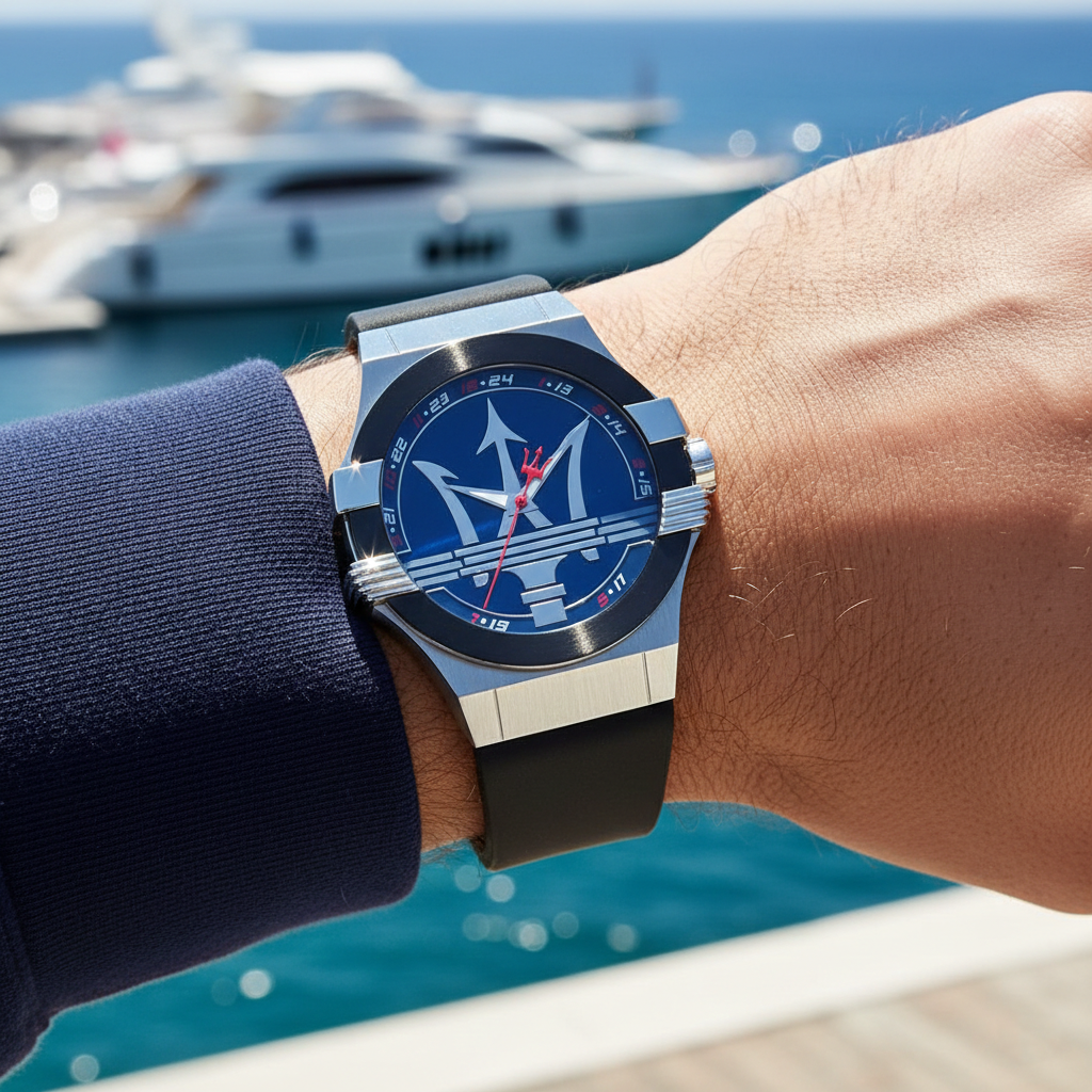 Male model wearing Maserati Potenza R8851108001 sporty watch with a casual outfit