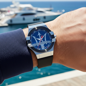 Male model wearing Maserati Potenza R8851108001 sporty watch with a casual outfit