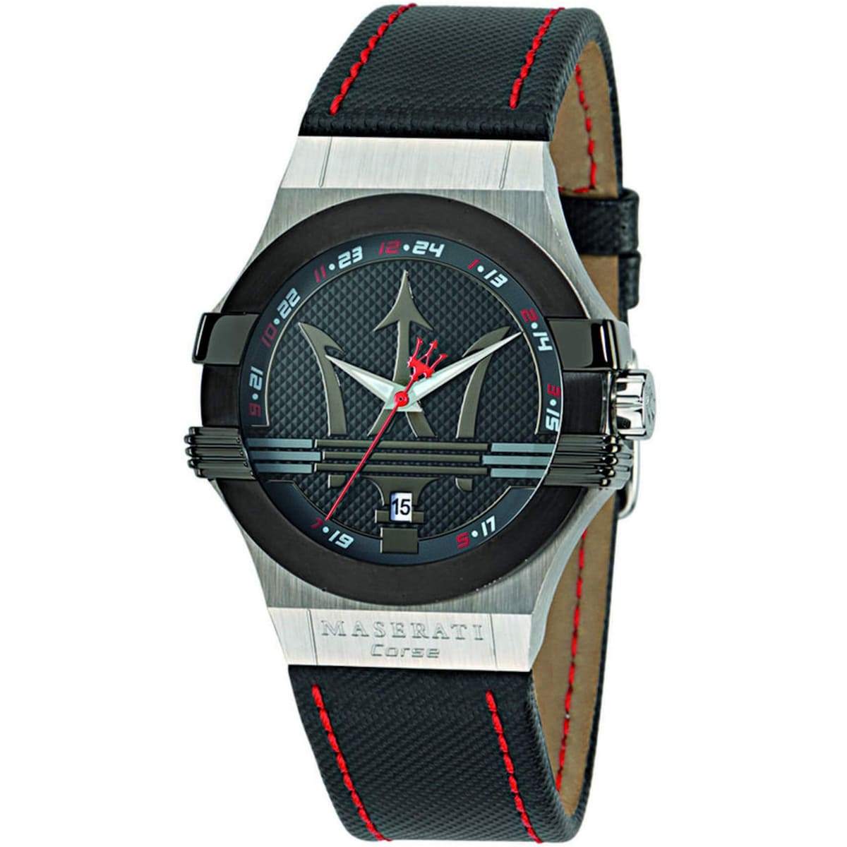 Maserati Potenza R8851108001 men's watch with silver case, black bezel, and red stitched leather strap