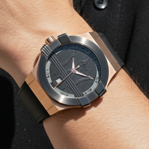 Close up of Maserati Potenza R8851108002 on a masculine hairless wrist showing the oversized trident logo