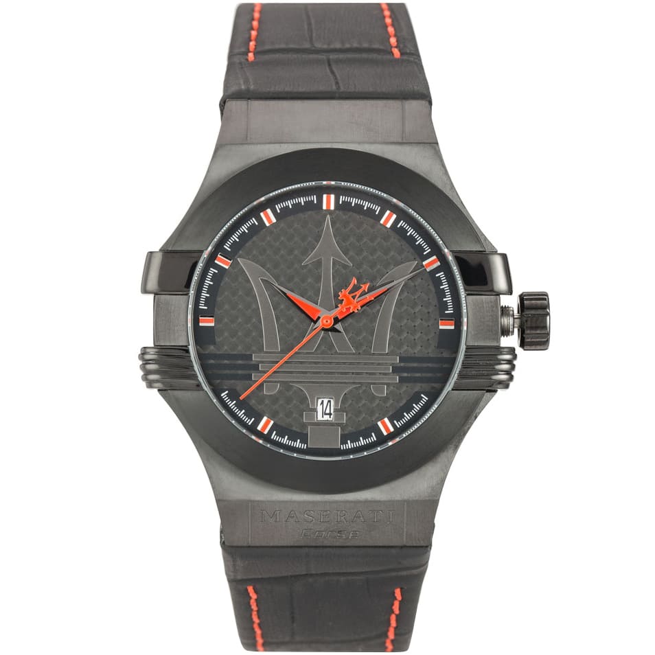 Maserati Potenza R8851108010 men's watch with black case and black leather strap with red stitching