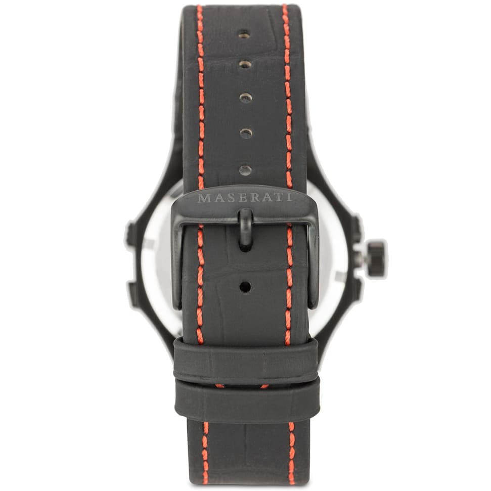 Black stainless steel buckle clasp with Maserati logo on the leather strap of the R8851108010