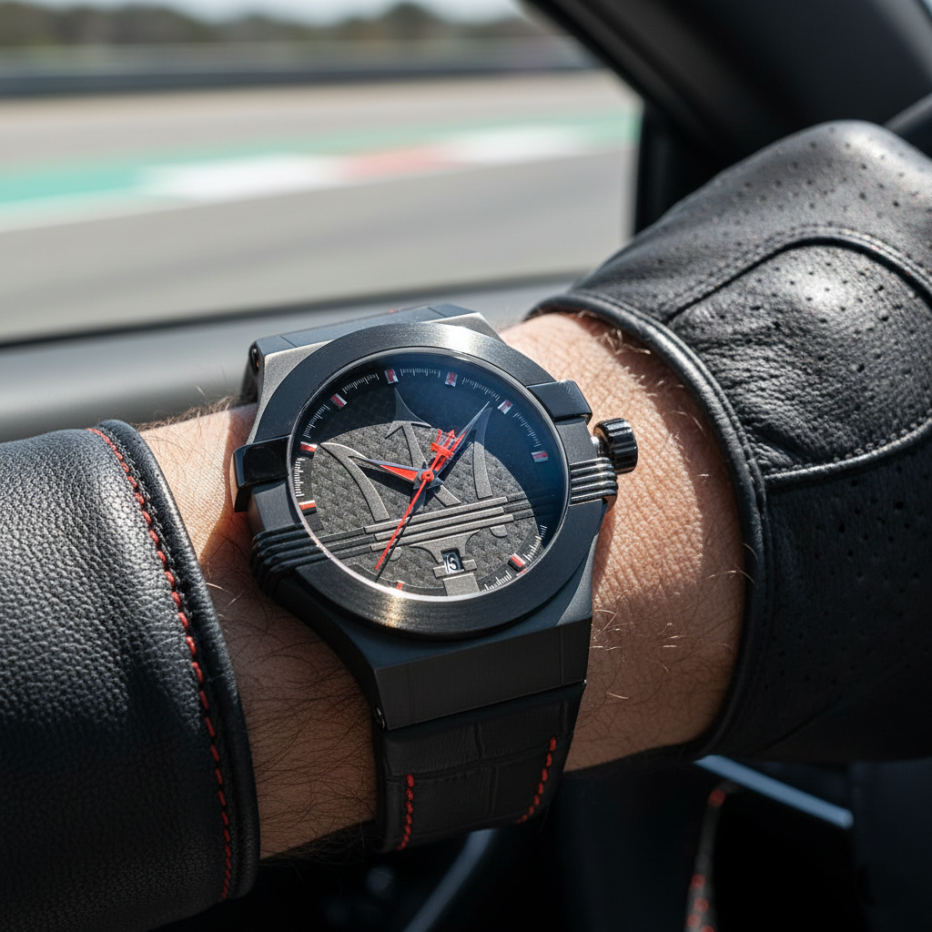 Male model wearing Maserati Potenza R8851108010 black and red watch with a sporty outfit