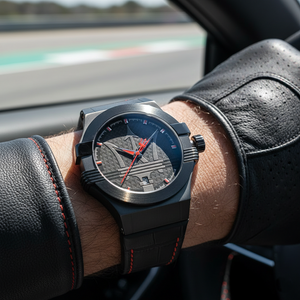 Male model wearing Maserati Potenza R8851108010 black and red watch with a sporty outfit