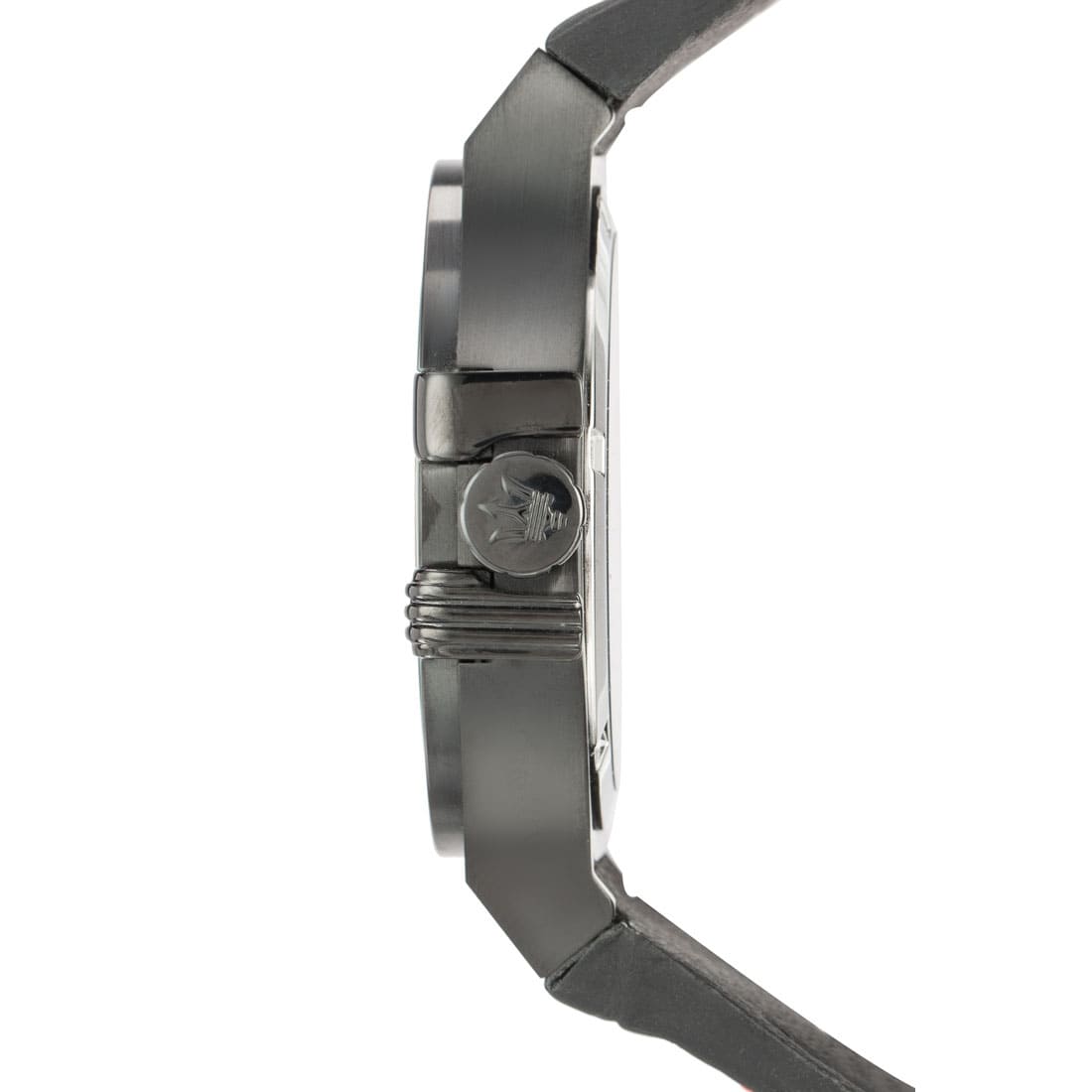Side profile view of the 11mm thick black stainless steel case of the Maserati Potenza