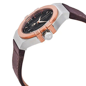 Left side perspective of the Maserati Potenza R8851108014 black dial and dark brown strap