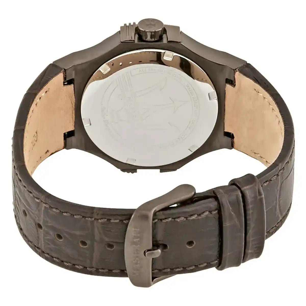 Stainless steel buckle clasp with Maserati logo on the brown leather strap of the R8851108014