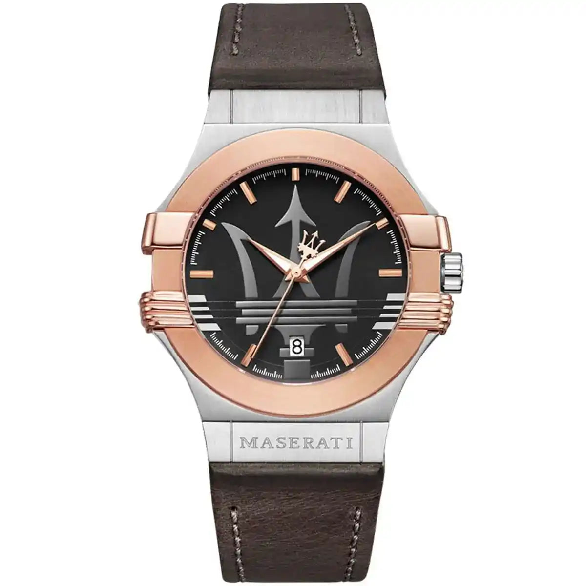 Maserati Potenza R8851108014 men's watch with silver case, rose gold bezel, and brown leather strap