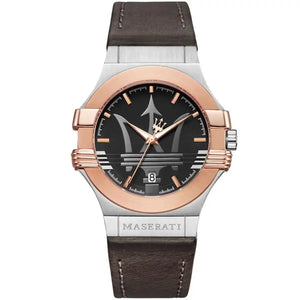 Maserati Potenza R8851108014 men's watch with silver case, rose gold bezel, and brown leather strap