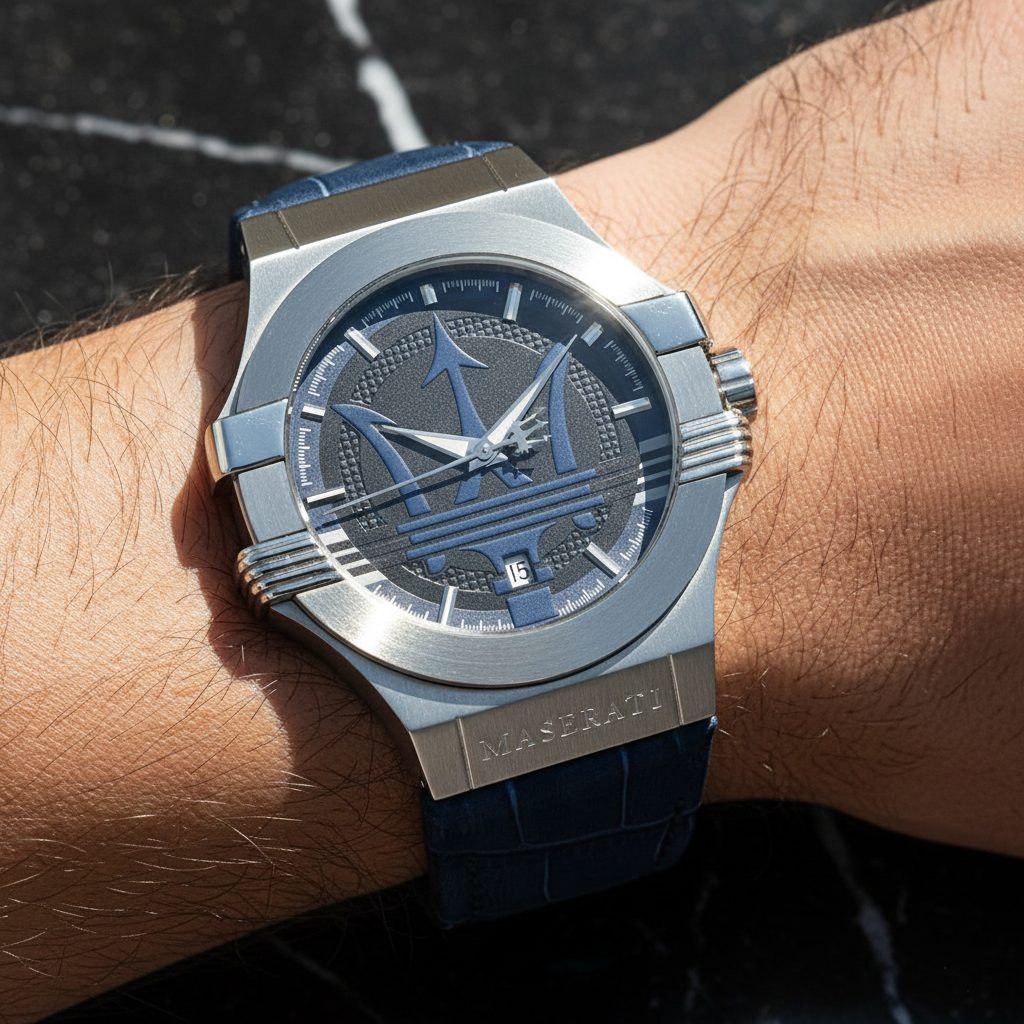 Close up shot of Maserati Potenza R8851108015 watch on wrist showing the blue dial and large Trident logo