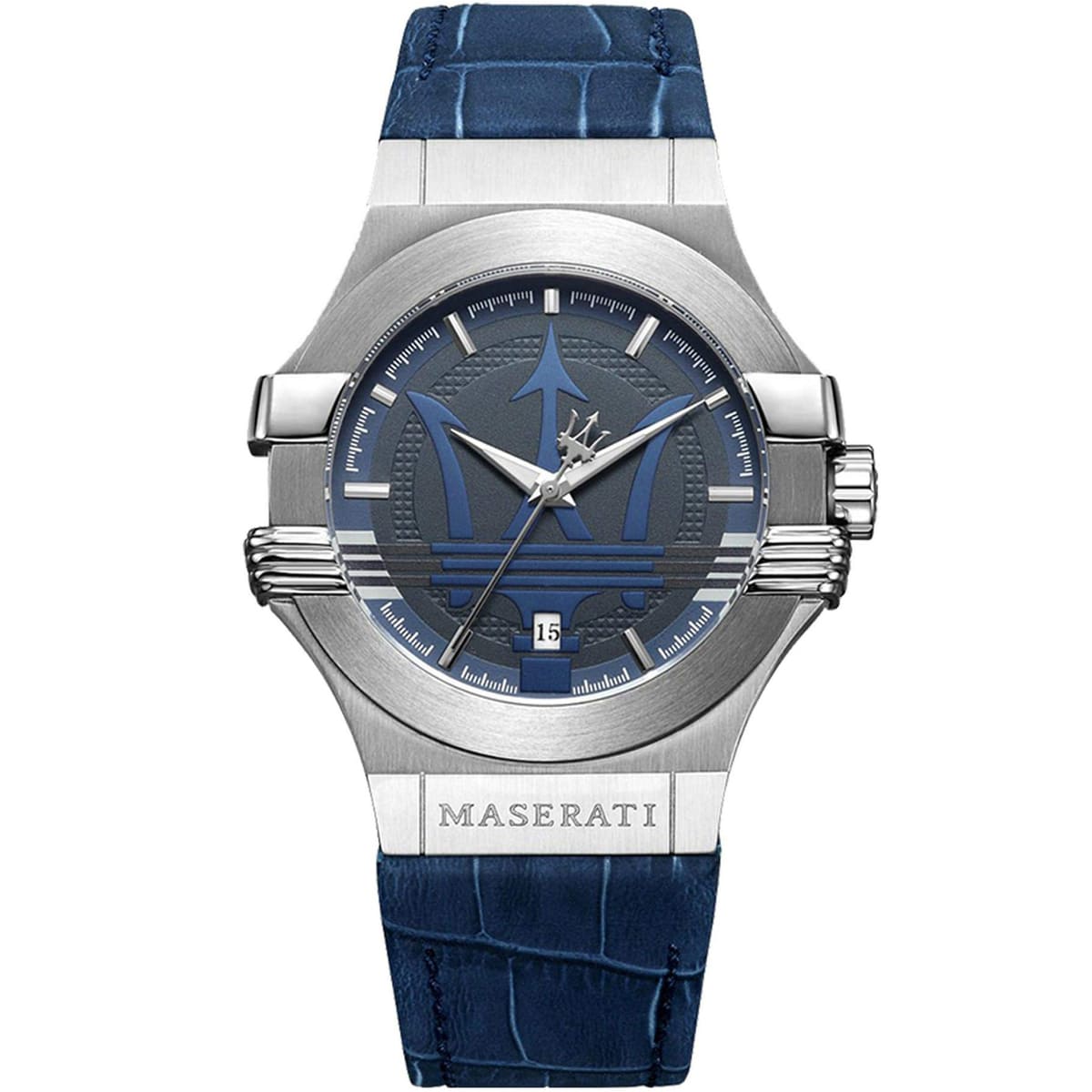 Maserati Potenza R8851108015 men's watch with silver stainless steel case and blue leather strap