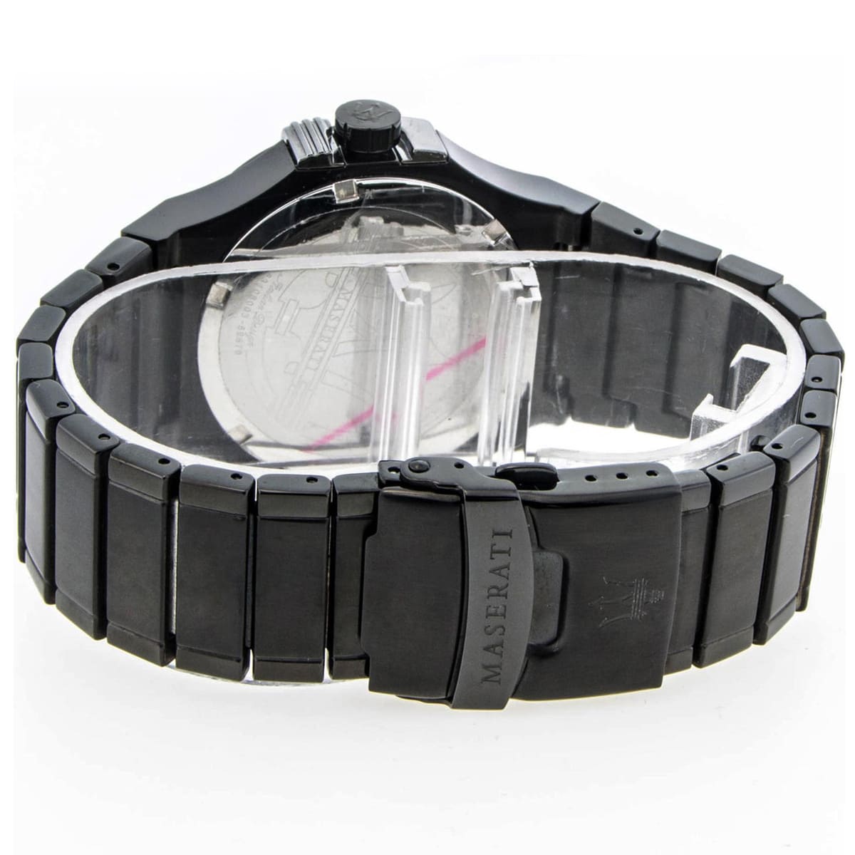 Back view of the Maserati R8853108003 watch showing the stainless steel caseback and specs