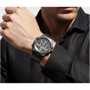 Man wearing Maserati Potenza black watch with red details for a bold racing-inspired look