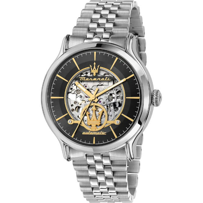 Front view of Maserati Epoca R8823118015 men's automatic watch with black skeleton dial and silver stainless steel bracelet.