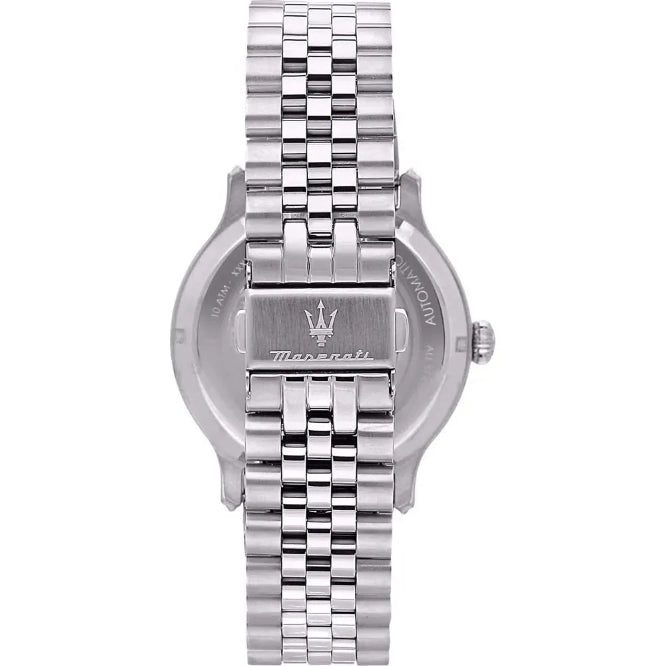 Silver watch with a brand logo on a white background