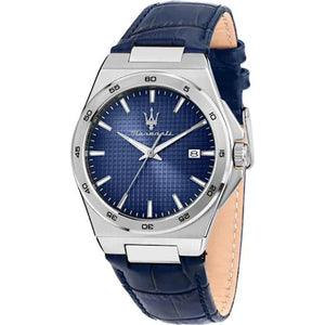 Front view of Maserati Velocità Slim R8851153002 men's watch with blue textured dial and blue leather strap.