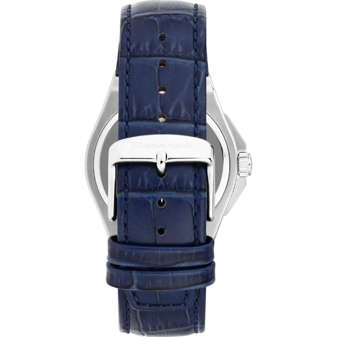 A close-up rear view of a wristwatch with a textured navy blue leather strap and a polished silver-tone case, shown on a plain white background.