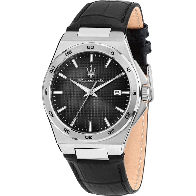 Front view of Maserati Velocità R8851153003 men's watch with black textured dial and black leather strap.