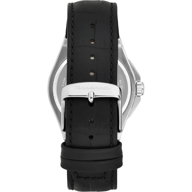 Black watch strap with silver buckle on a white background