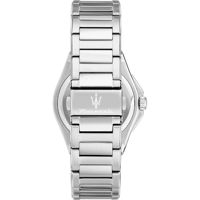 Silver Maserati watch with a detailed band on a white background