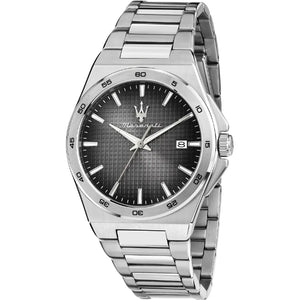 Front view of Maserati Velocità Slim R8853153004 men's watch with black textured dial and silver stainless steel bracelet.