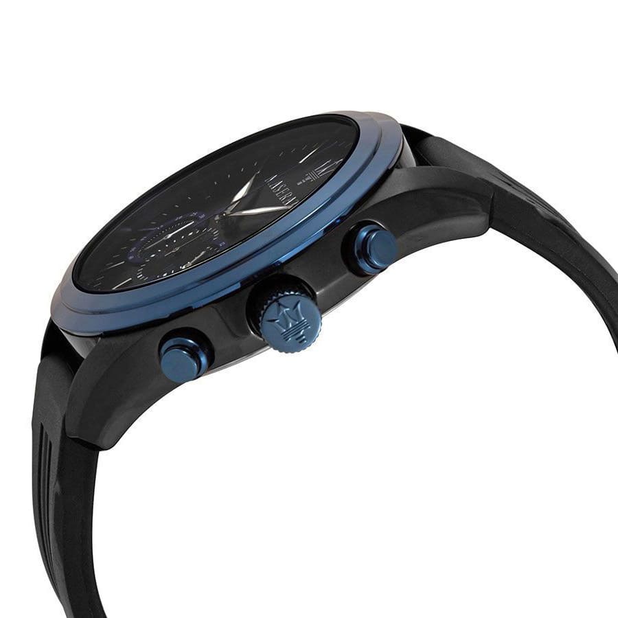 Right side angled view of Maserati R8871612006 highlighting the contrast between black case and blue bezel