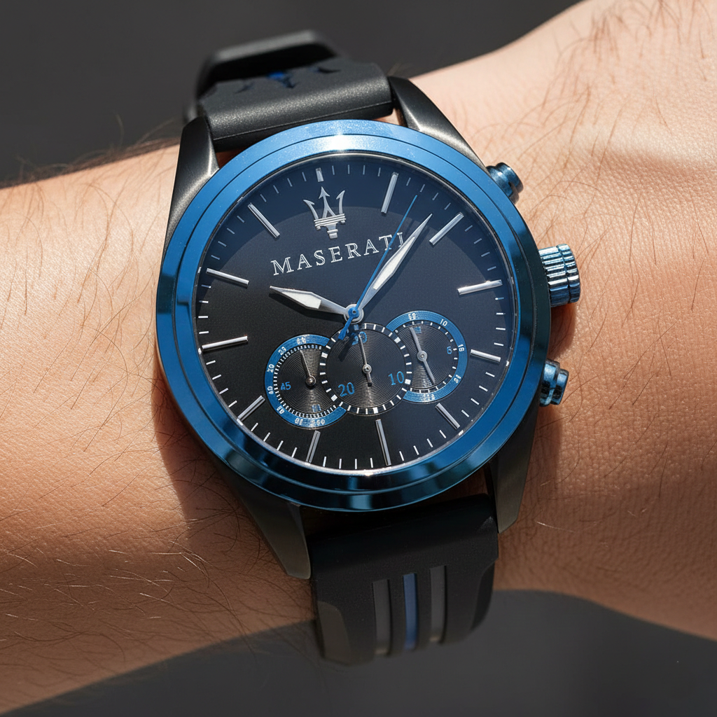 Detailed macro view of the black dial, blue bezel, and sub-dials of Maserati R8871612006