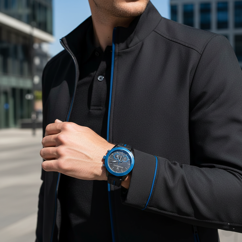 Male model wearing Maserati Traguardo R8871612006 black and blue watch with a sporty outfit