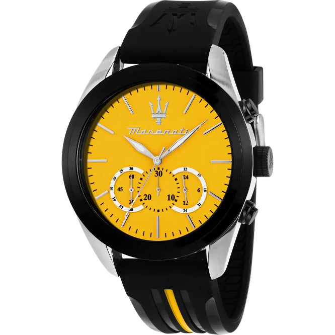 Watch with yellow face and black strap on white background
