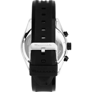 Maneater watch with black strap and silver case on a white background