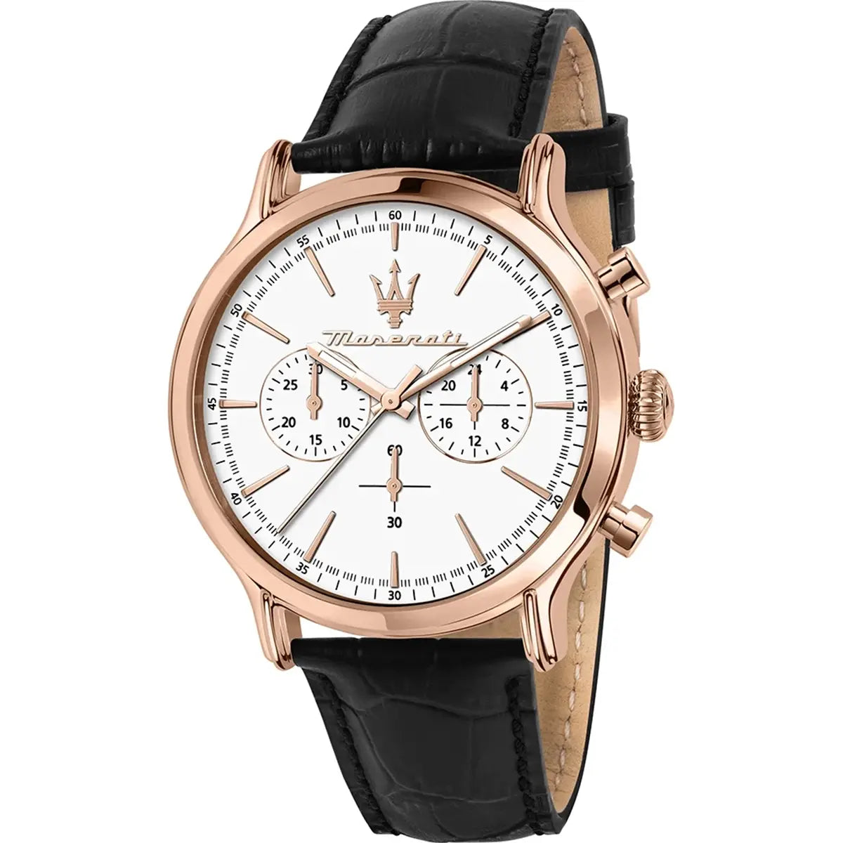 Maserati Epoca R8871618016 men's chronograph watch with rose gold case, white dial, and black leather strap
