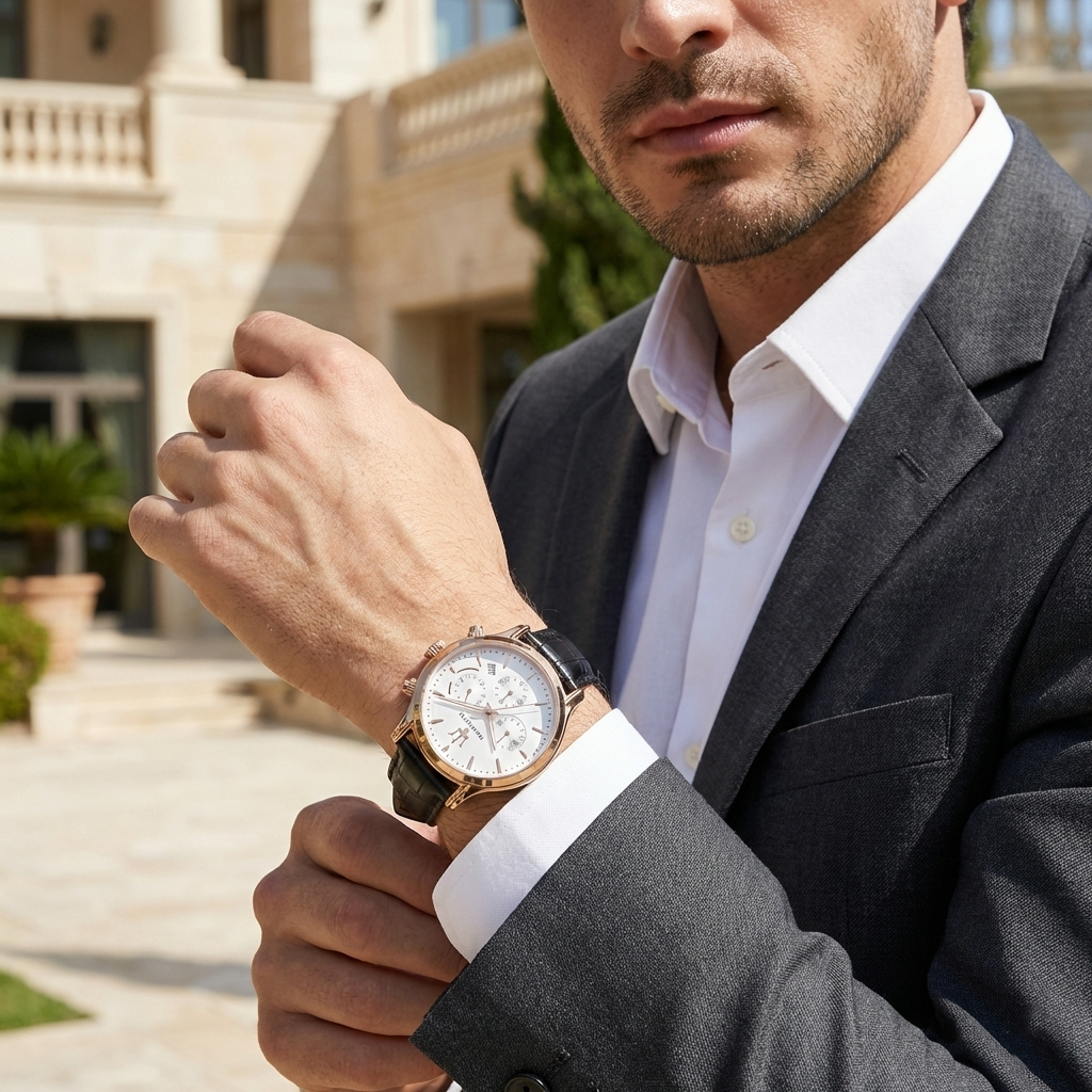Male model wearing Maserati Epoca R8871618016 rose gold watch with a formal suit